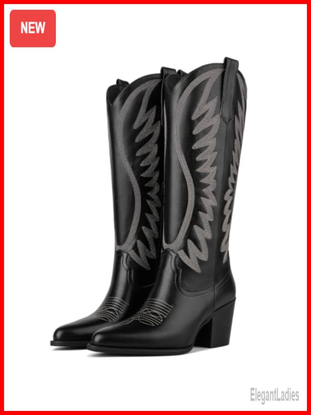 VOMIRA Cowboy Boots for Women Pointed Toe Chunky High Heel Embroidered Knee